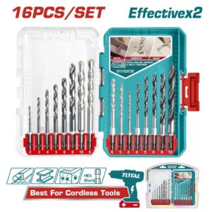 TOTAL 16 Pcs metal, masonry and wood drill bits set