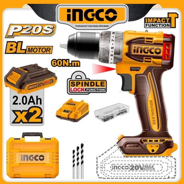 INGCO 20V Compact Brushless Cordless Impact Drill 60NM, 2 AH