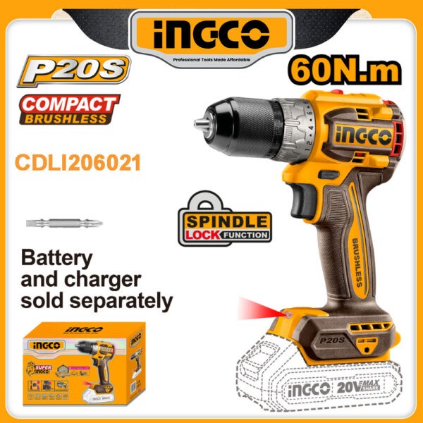 INGCO 20v Compact Brushless Cordless Drill Without Battery & Charger