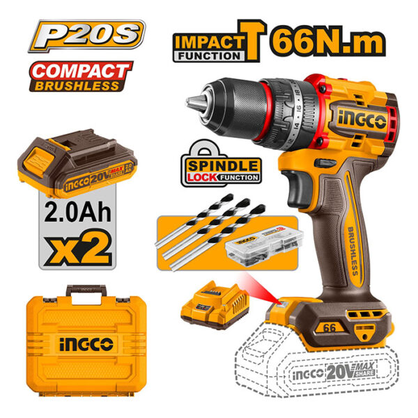 INGCO 20v Brushless Impact Drill - 66Nm