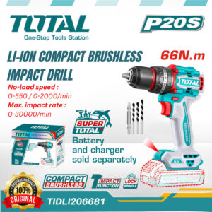 Total 20v Compact Brushless Impact Drill 66N.m Without Battery & Charger