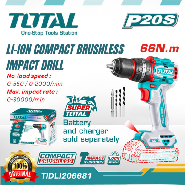 Total 20v Compact Brushless Impact Drill 66N.m Without Battery & Charger