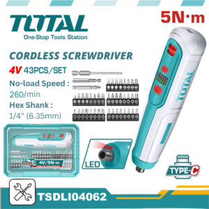 TOTAL 4V Cordless Screwdriver 43pcs Set