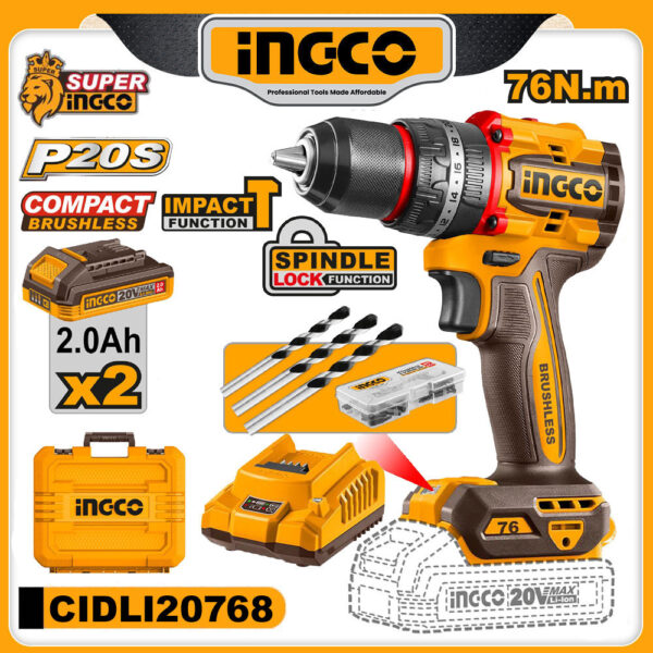INGCO 20v Brushless Cordless Impact Drill 76N.m