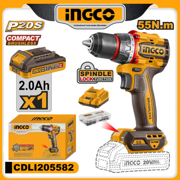 INGCO 20v Compact Brushless Cordless Drill 55N.m