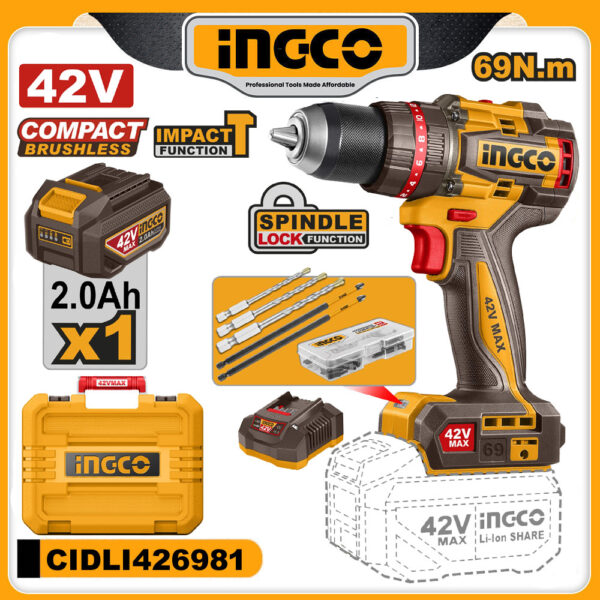 INGCO 42V Compact Brushless Cordless Impact Drill 69N.m