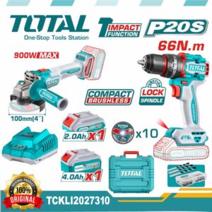 TOTAL 20V Cordless Angle Grinder & Impact Drill Combo
