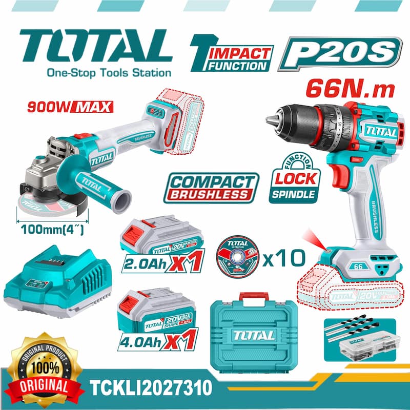 TCKLI2027310 TOTAL 20V Cordless Angle Grinder & Impact Drill Combo