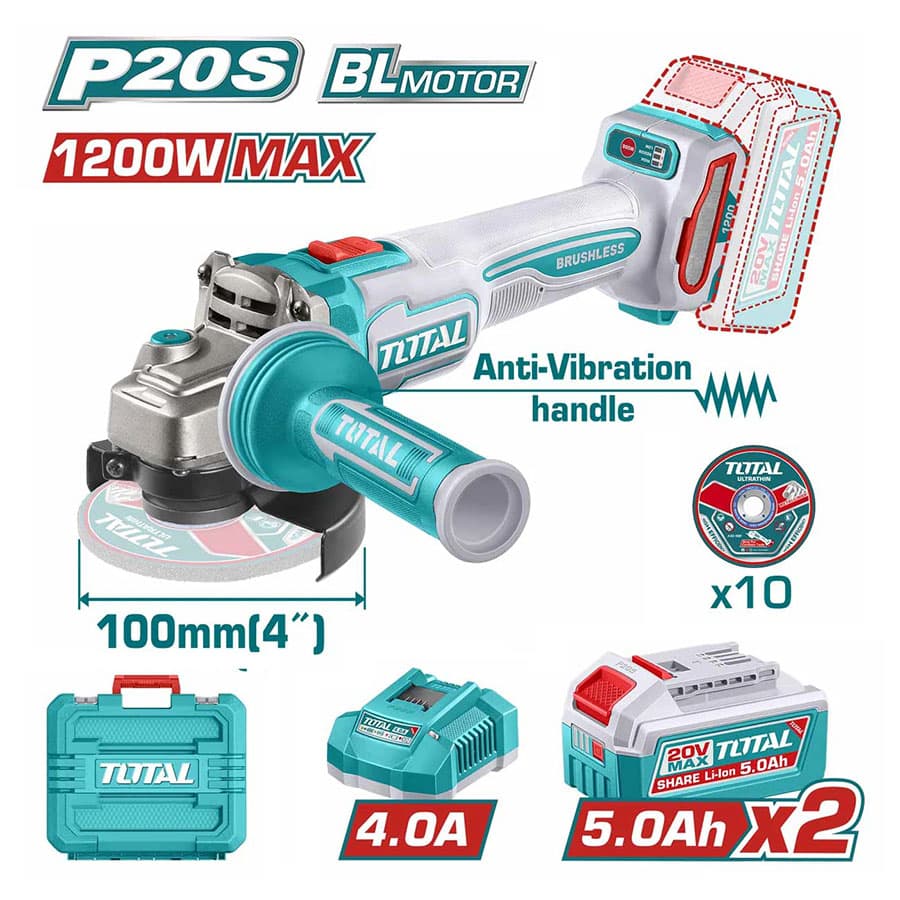 total TAGLI2120232 (1) TOTAL 20v Cordless Angle Grinder (1200w Max Power)